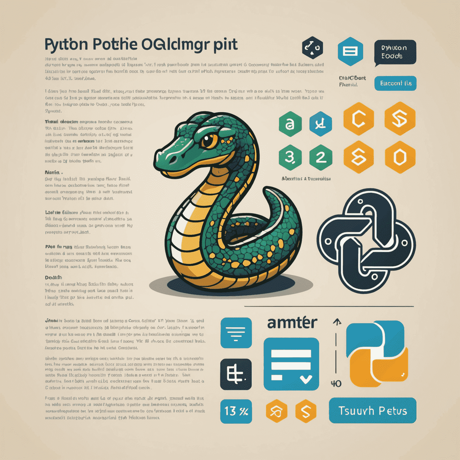 Imagen que muestra un código Python simple en un editor de texto, con iconos de Python y símbolos de programación alrededor