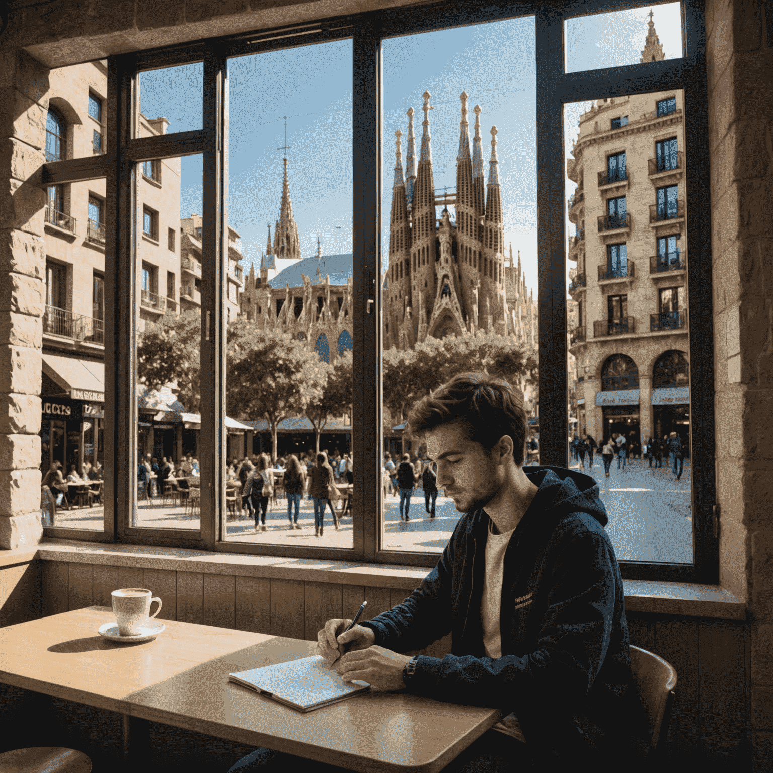 Una imagen de un estudiante programando en un café en Barcelona, con la Sagrada Familia visible a través de la ventana