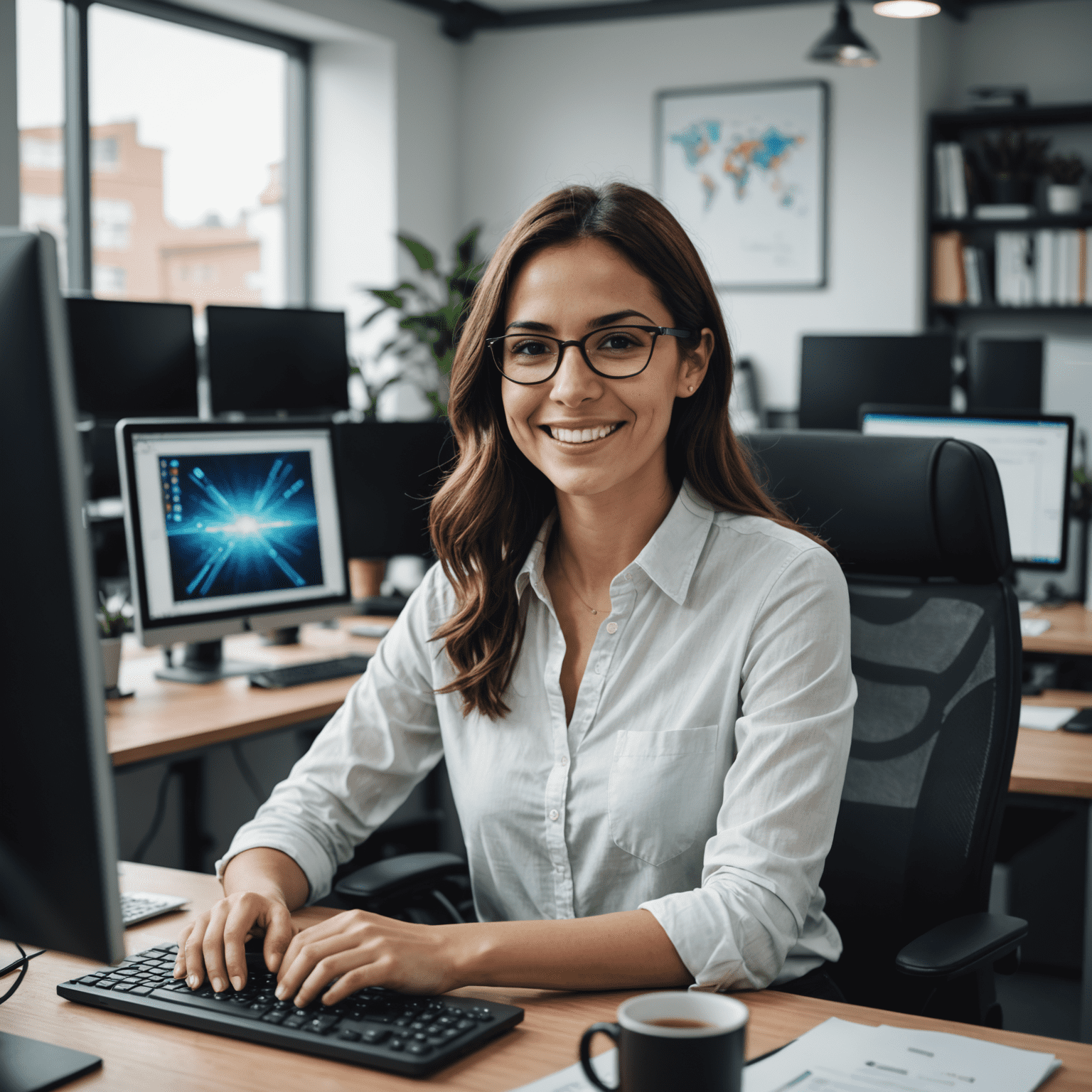 Imagen de María García, una joven programadora sonriente sentada frente a su computadora en una oficina moderna