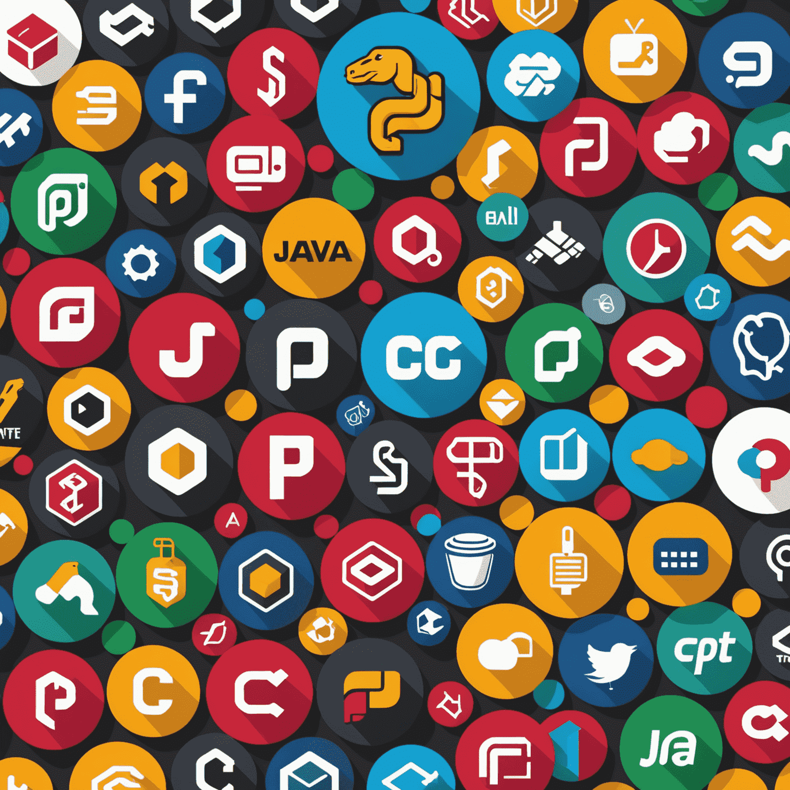 Collage de logos de lenguajes de programación populares como Python, JavaScript, Java, C++ y Ruby