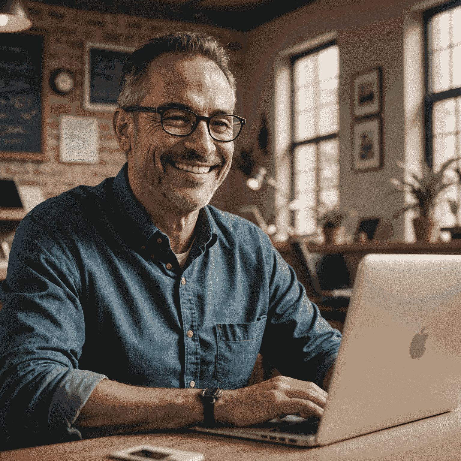 Imagen de Carlos Rodríguez, un hombre de mediana edad con gafas, sonriendo mientras trabaja en su laptop