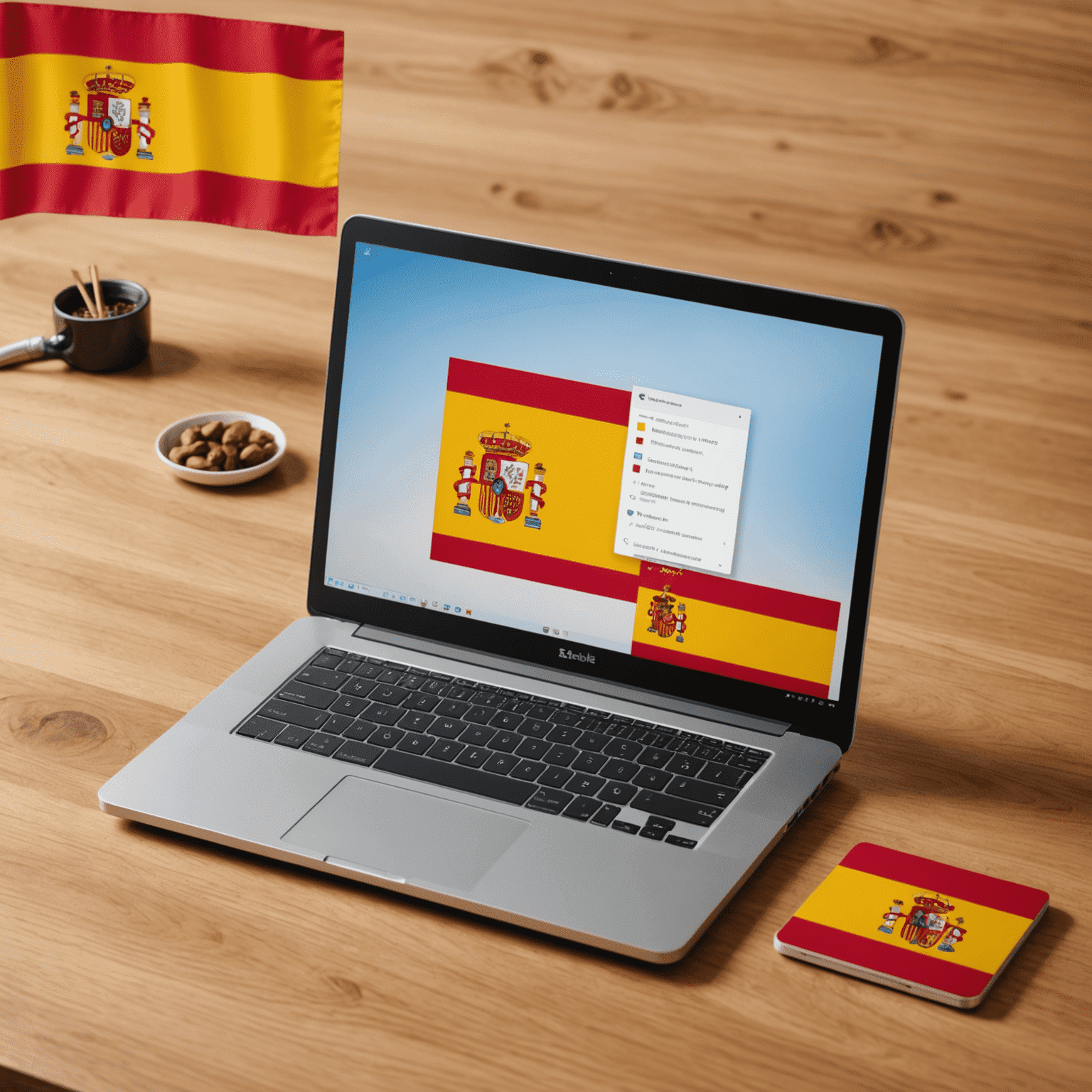 Imagen que muestra una laptop con código en la pantalla, junto a iconos representativos de España como la bandera y elementos culturales