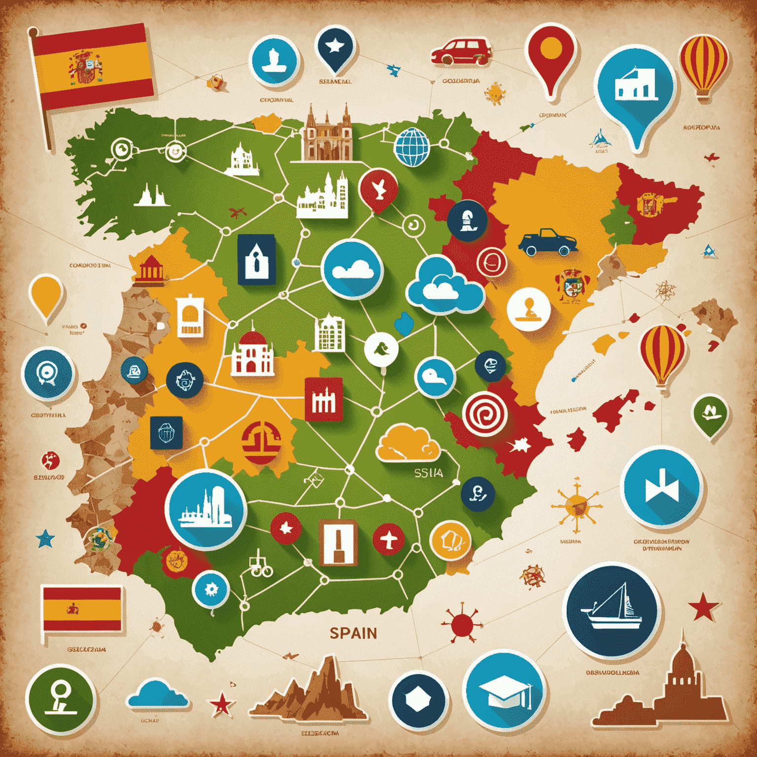 Imagen que muestra un mapa de España con iconos de tecnología y educación distribuidos por el país