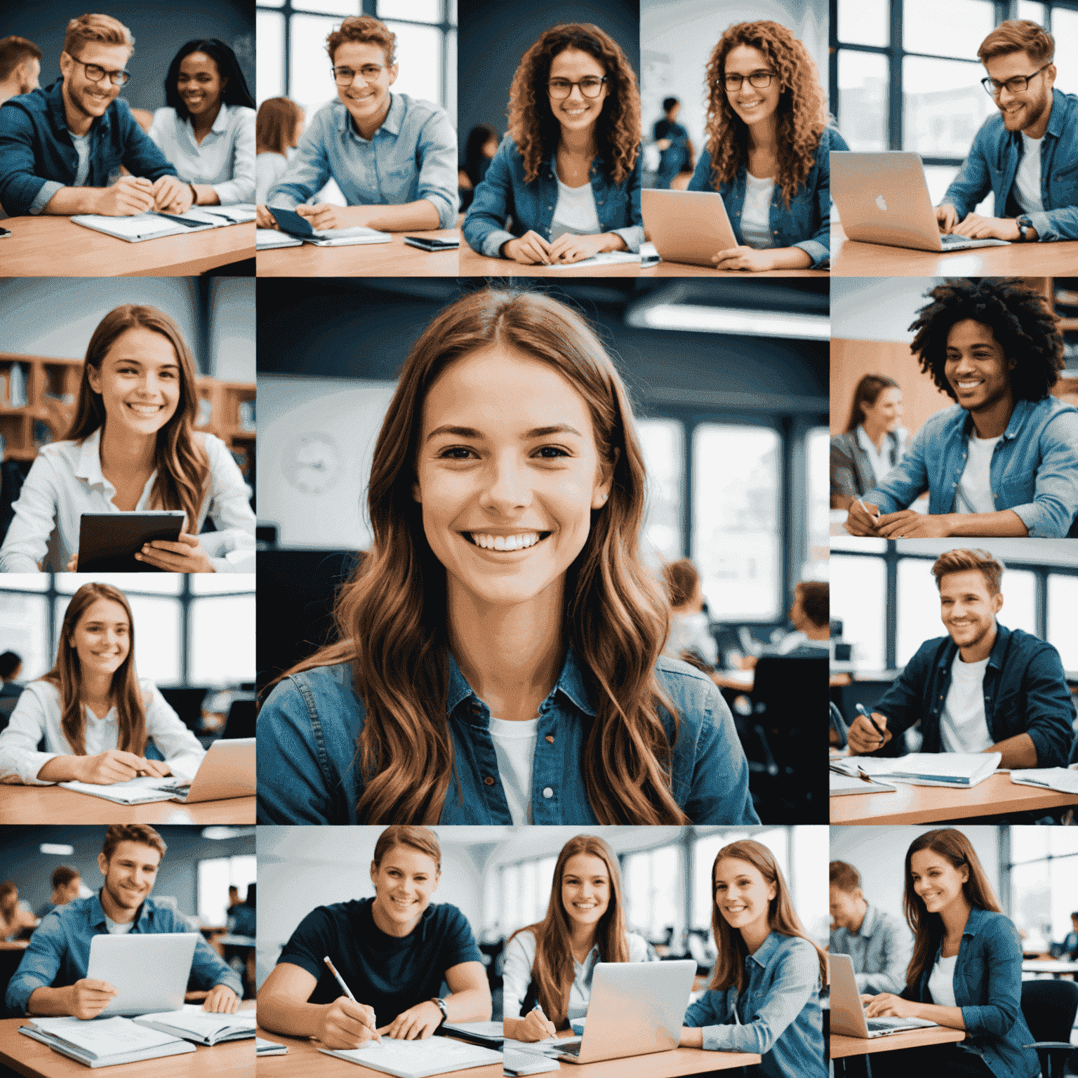 Collage de fotos de estudiantes sonrientes en entornos de trabajo tecnológico