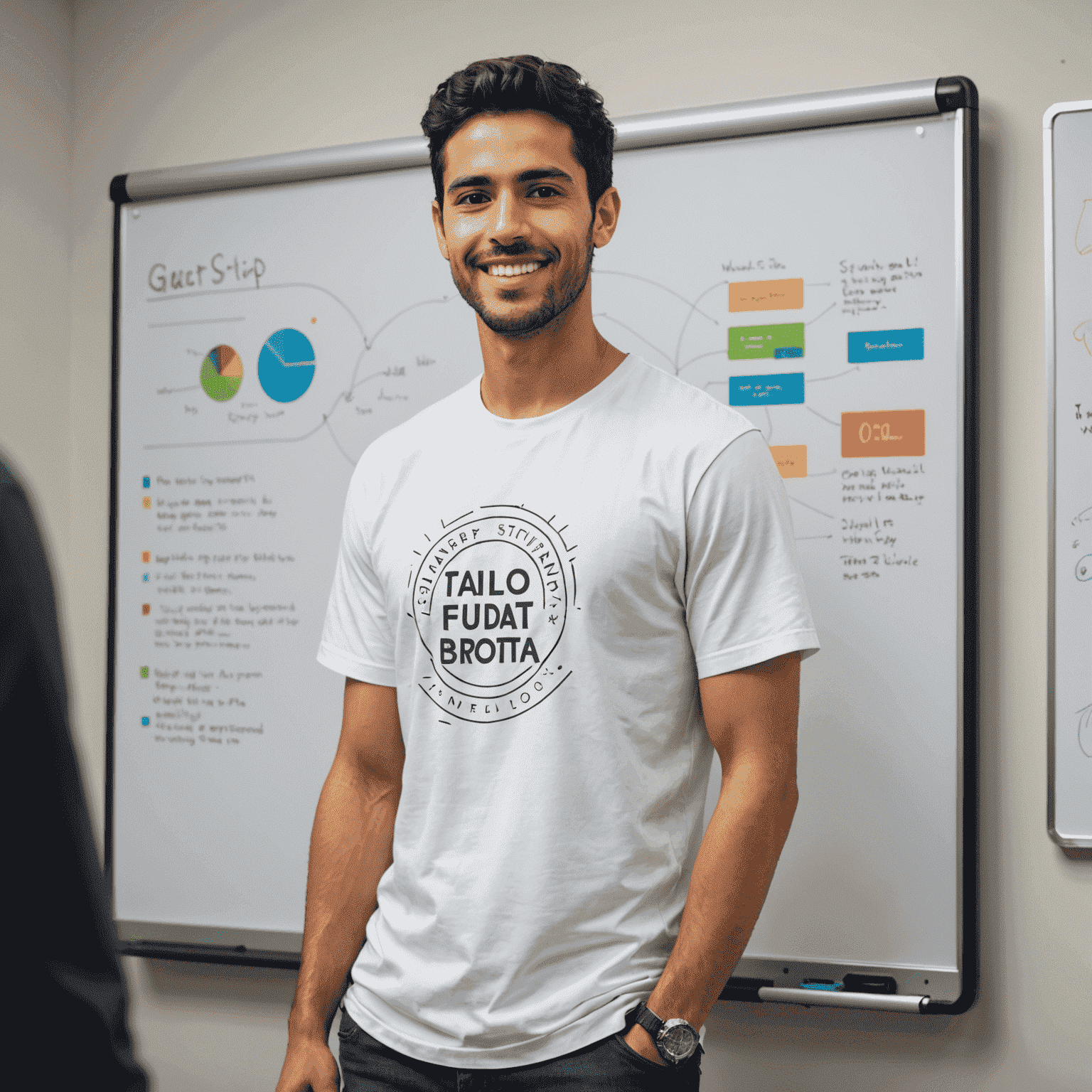 Imagen de Javier López, un hombre joven con una camiseta de startup, presentando en una pizarra